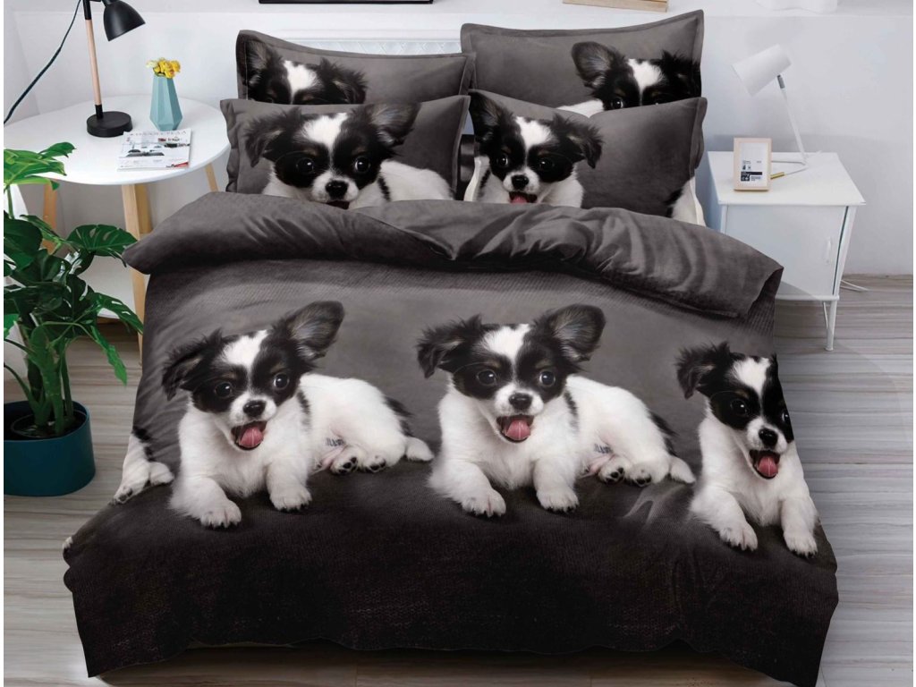 3D povlečení PUPPY PLAY tmavě šedé – roztomilý design s pejsky