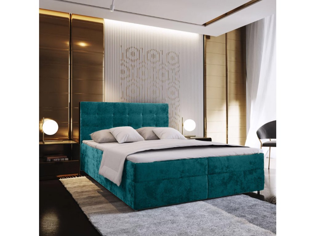 Oblazinjena postelja boxspring GLORIEN VELVET 140x200 cm turkizna
