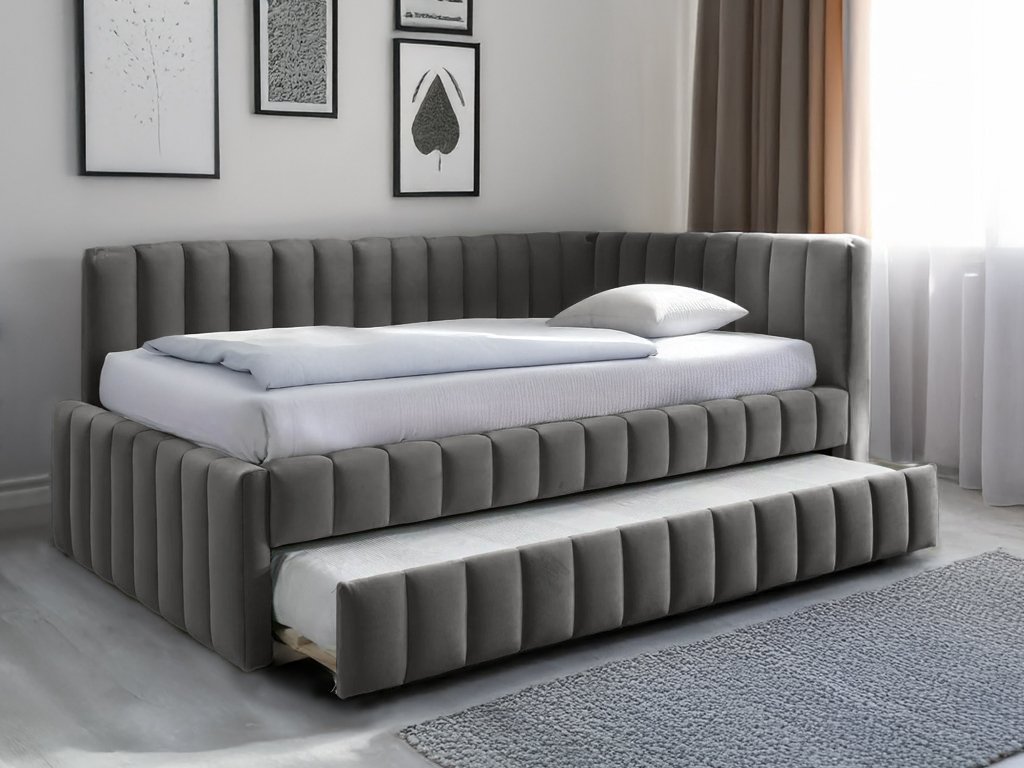 Oblazinjena postelja COMFINO VELVET z izvlečnim ležiščem 120 x 200 cm, siva  KRONOS 15