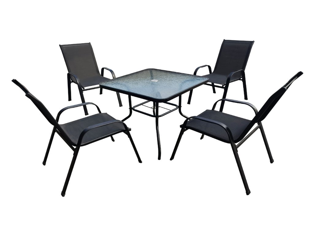 Zahradní set TAVERNO 1 + 4 – stylové posezení s pevnou konstrukcí, skleněným stolem a pohodlnými židlemi, ideální na terasu i zahradu.