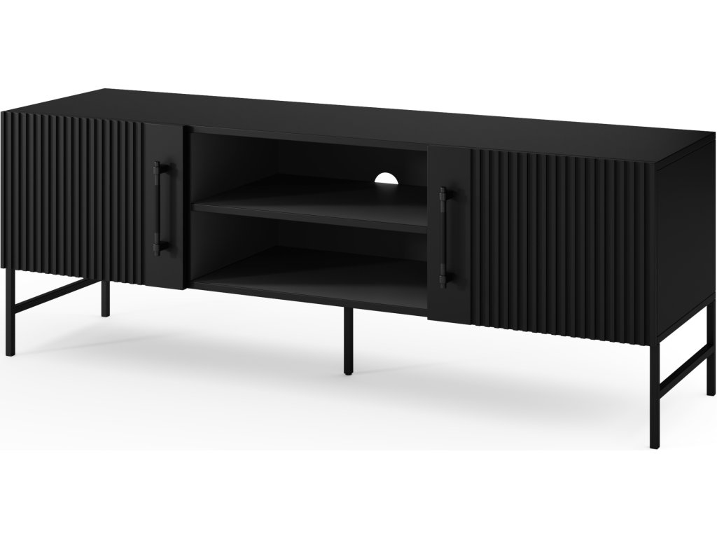 Černý RTV stolek RAFTT 152x55 cm s dvířky a policí
