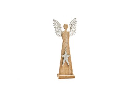 Dřevěný anděl ANGEL SILVER 26 cm přírodní s lesklými křídly