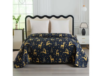 Luxusní přehoz na postel GOLDEN DEER tmavě modrý se zlatými motivy