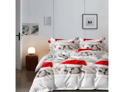 Bílé 3D povlečení CAT WITH A HAT s roztomilou kočičkou