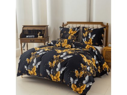 Luxusní povlečení z mikrovlákna GOLD BUTTERFLY černé se zlatými motýly