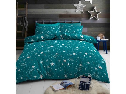 Flanelové povlečení NOČNÍ OBLOHA tyrkysové s hvězdami – dokonalý komfort a teplo na zimu
