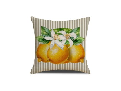 Povlak na polštář LEMON BLOOM 45x45 cm, béžový, proužky, motiv citronů a květů, zip pro snadnou údržbu, svěží design.