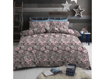 Elegantní bavlněné povlečení PINK FLOWERS hnědé s romantickým motivem růží