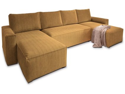 Hořčicová sedací souprava COSARO 295x140 cm s úložným prostorem a rozkladem na lůžko pro maximální pohodlí.