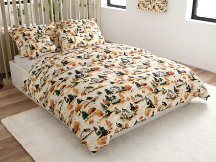 Stylové bavlněné povlečení AUTUMN VILLAGE barevné s podzimní vesnicí