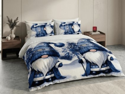 Hřejivé mikroplyšové povlečení GNOMLI bílo-modré se zimním motivem