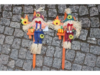 Dřevěný dekorační plůtek se strašáčkem, slunečnicí a dýní – letní a podzimní dekorace k zapíchnutí