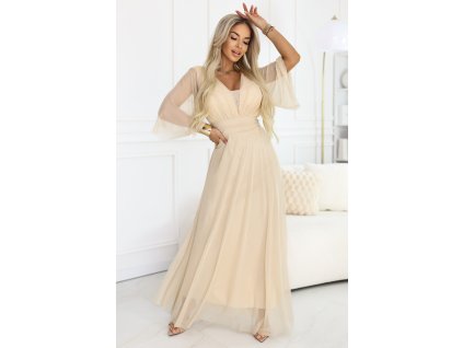 654 2 dluga polyskujaca sukienka plus size z dekoltem i transparentnym rekawkiem szampanski be 20586