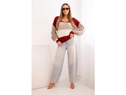 slo pm Damsky sveter s pruhmi a vrkocmi na rukavoch z vlny bordovy bezovy