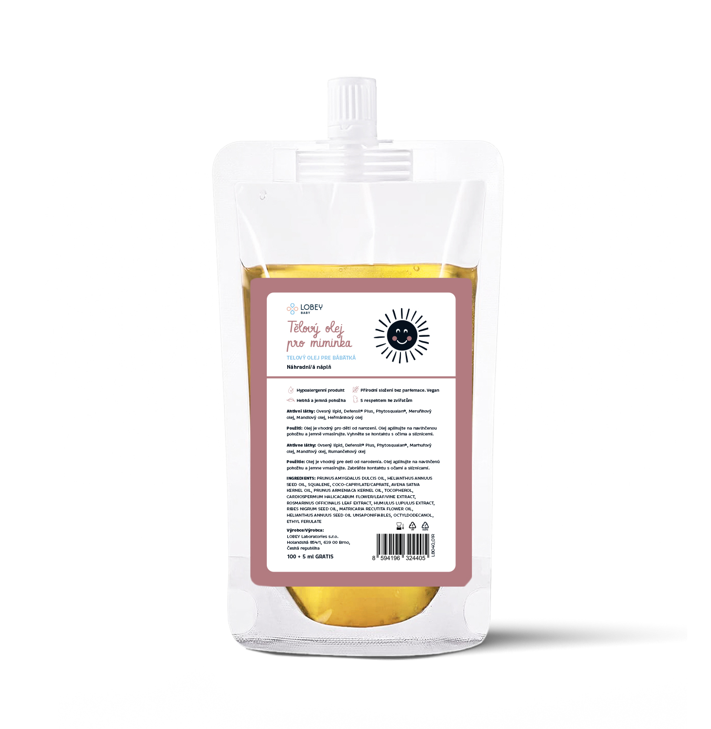LOBEY® Baby Náhradní náplň Tělový olej pro miminka 100 ml + 5 ml GRATIS