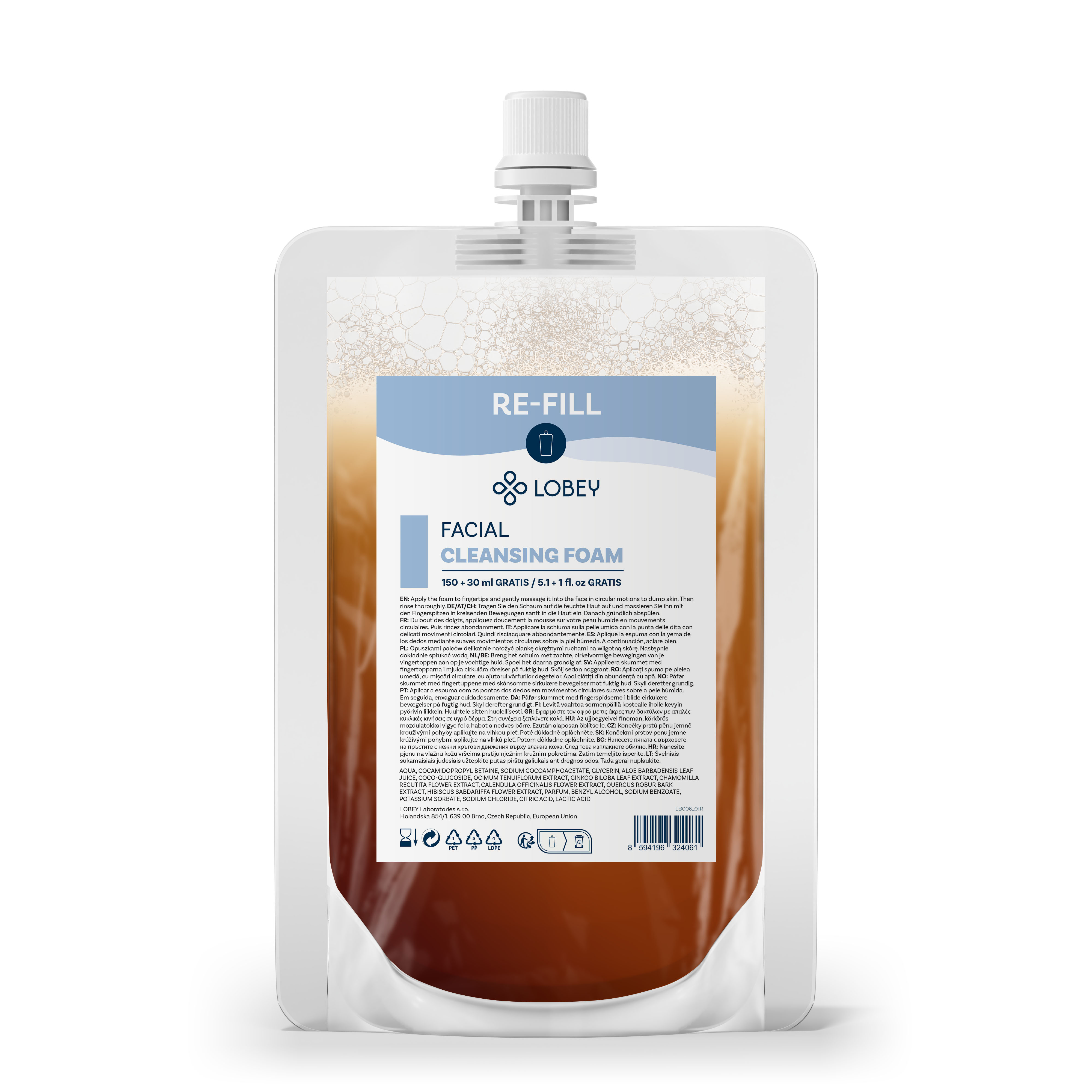 LOBEY® Classic Náhradní náplň Obličejová mycí pěna 150 ml + 30 ml GRATIS
