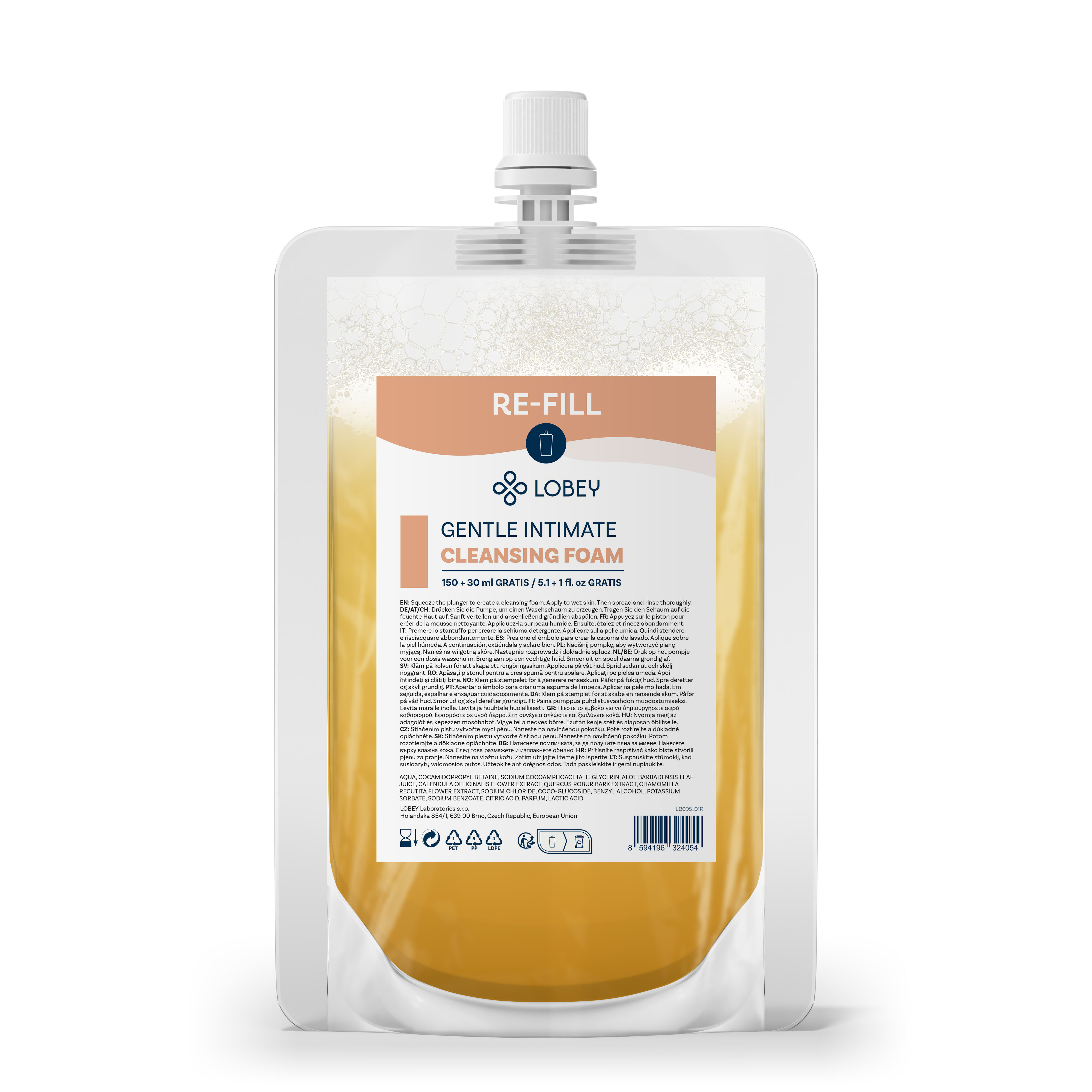 LOBEY® Classic Náhradní náplň Jemná intimní mycí pěna 150 ml + 30 ml GRATIS