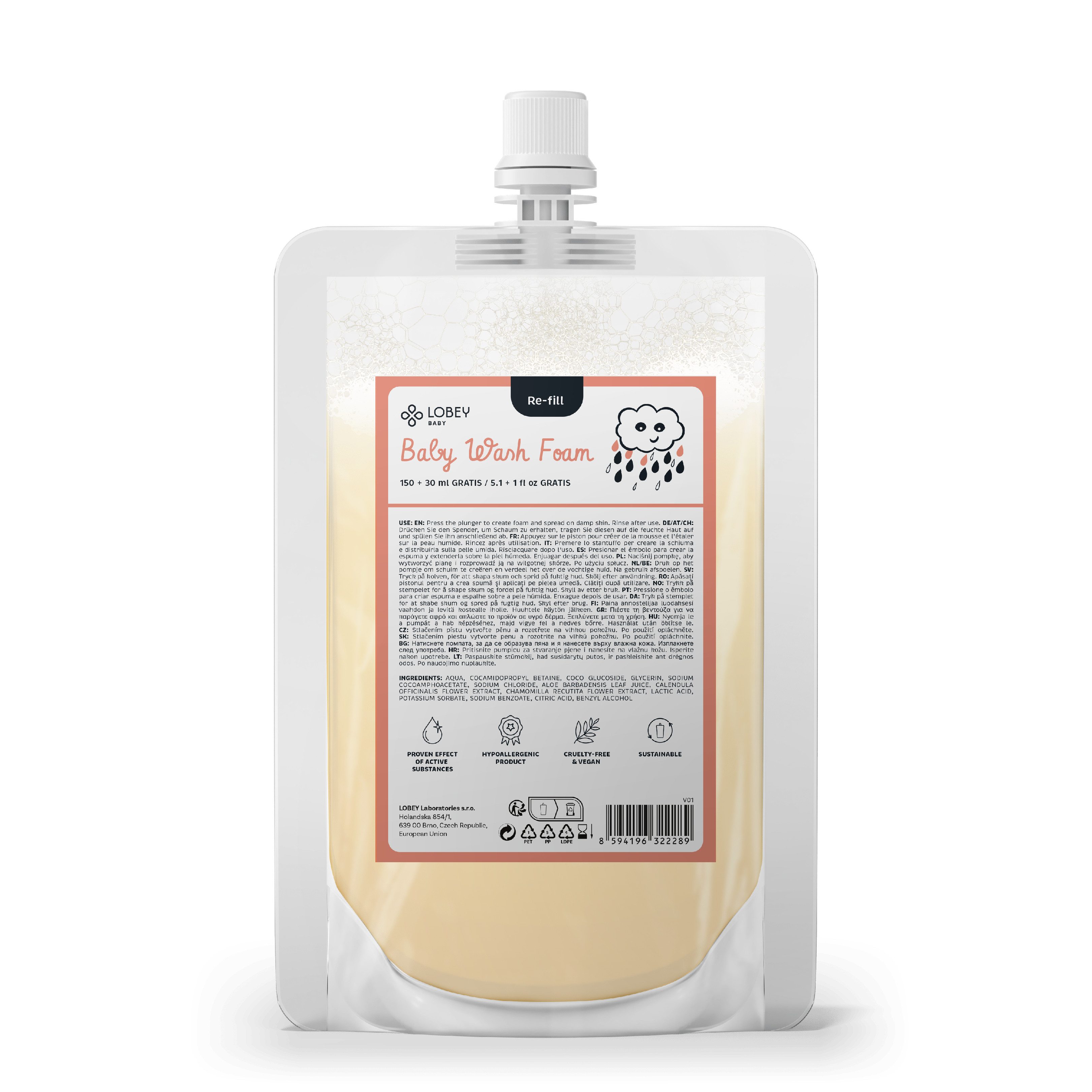 LOBEY® Baby Náhradní náplň Mycí pěna pro miminka 150 ml + 30 ml GRATIS