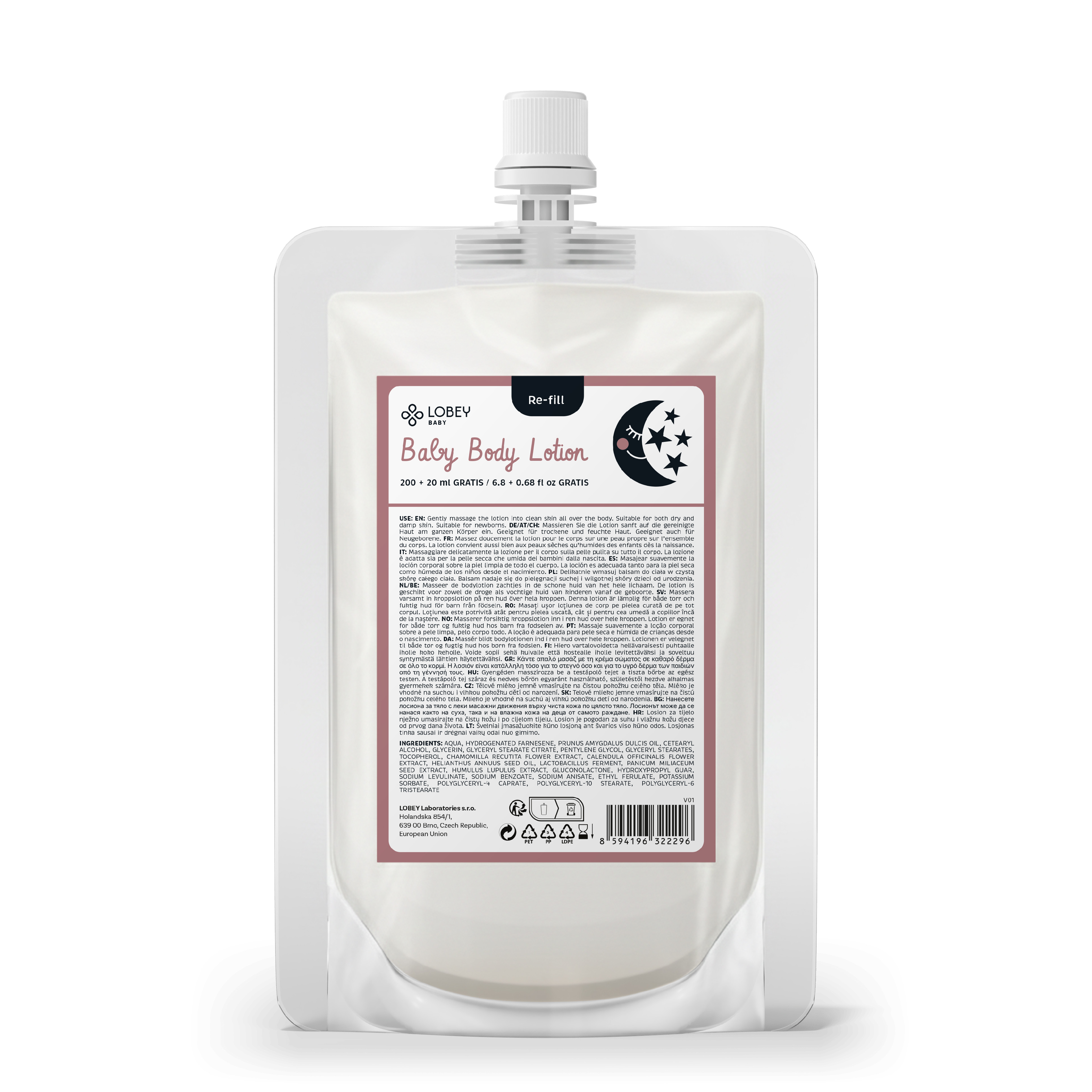 LOBEY® Baby Náhradní náplň Tělové mléko pro miminka 200 ml + 20 ml GRATIS