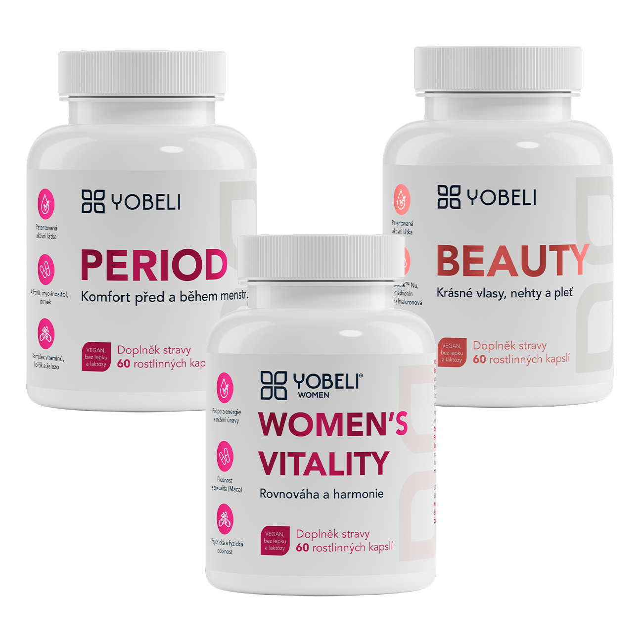 YOBELI® Akční balíček pro ženy YOBELI | Krása a rovnováha - doplňky stravy Women's vitality (60 kapslí), Beauty (60 kapslí), Period (60 kapslí)