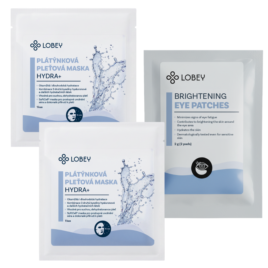 LOBEY Balíček Glow skin: 2× maska Hydra+ & 1× rozjasňující polštářky pod oči