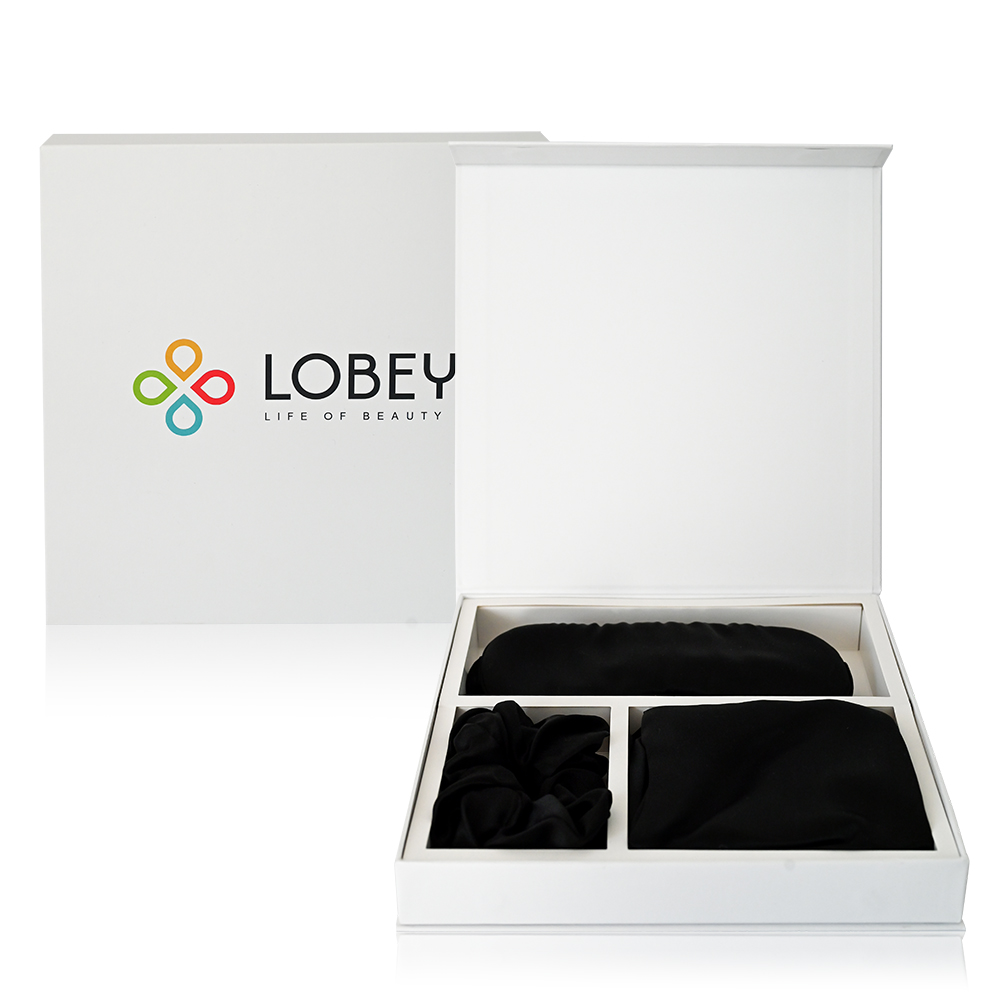 LOBEY® Spací set - hedvábný povlak na polštář, škraboška na spaní a gumička (černý)