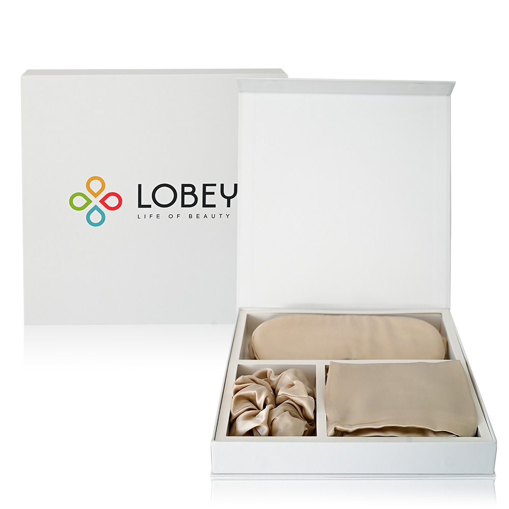 LOBEY® Spací set - hedvábný povlak na polštář, škraboška na spaní a gumička (béžový)