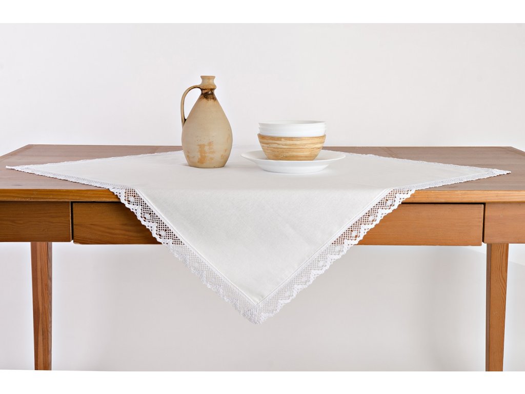 Baumwolltischdecke - Weiß mit weißer Spitze