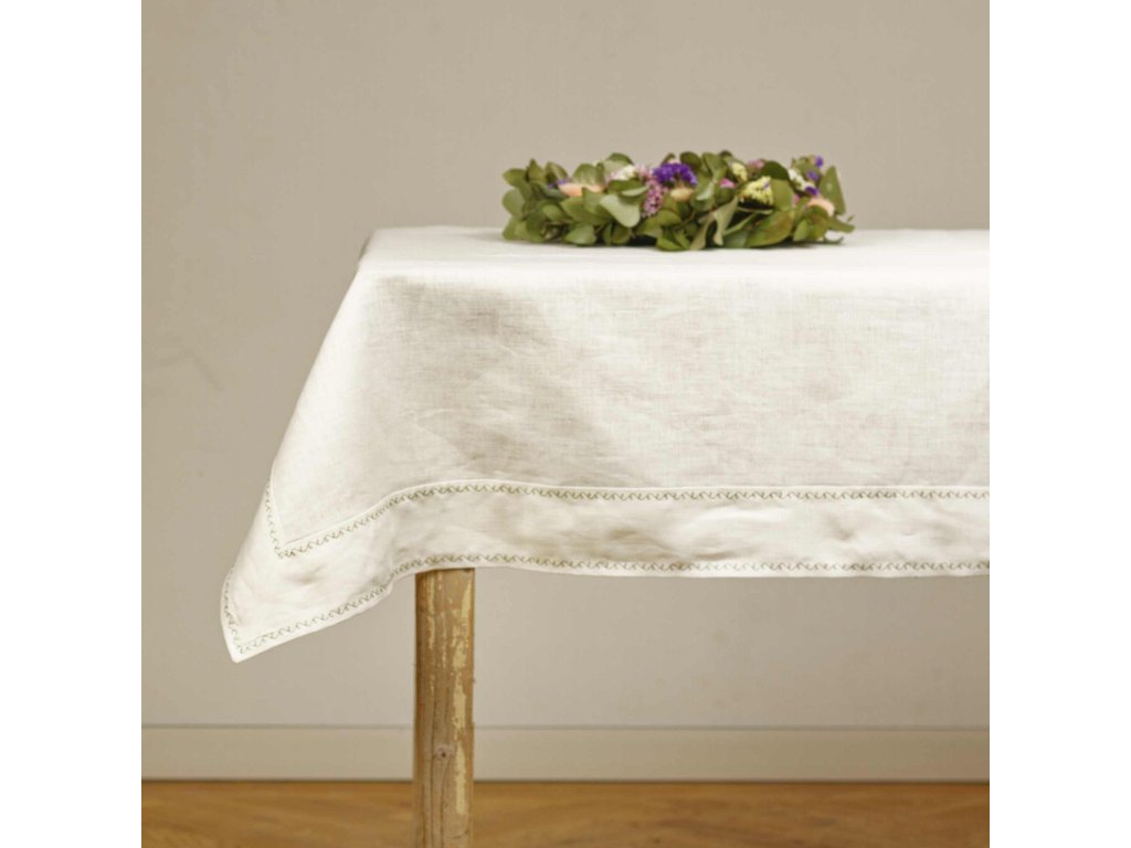 LeinenTischdecke - Gewaschenes weißes Leinen mit Graft- und Farbstickerei