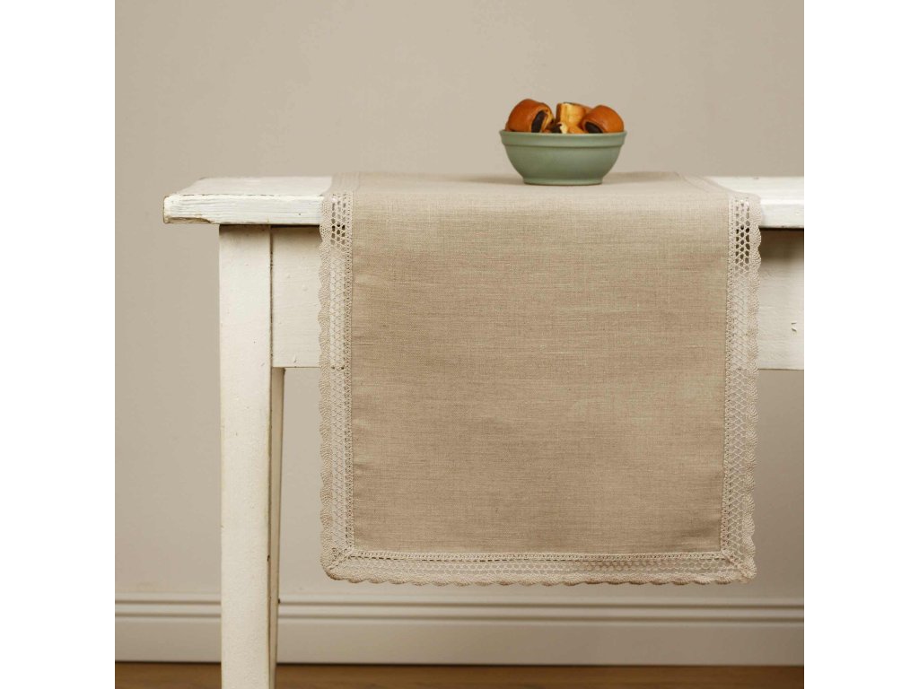 Table Runner - Washed natural linen with lace