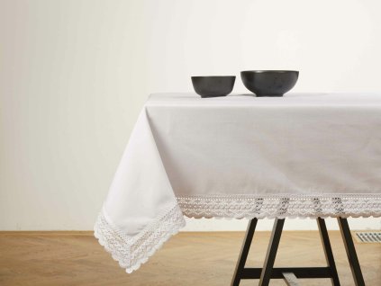 Baumwolltischdecke - Weiß mit breiter weißer Spitze