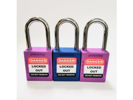 Set 3ks - LOTO zámek 38 mm, ocelový třmen ⌀ 6mm, nylonové tělo (nevodivé), rovná hrana