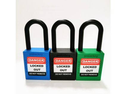Set 3ks - LOTO zámek 38 mm, nylonový třmen ⌀ 6mm, nylonové tělo (nevodivé), rovná hrana