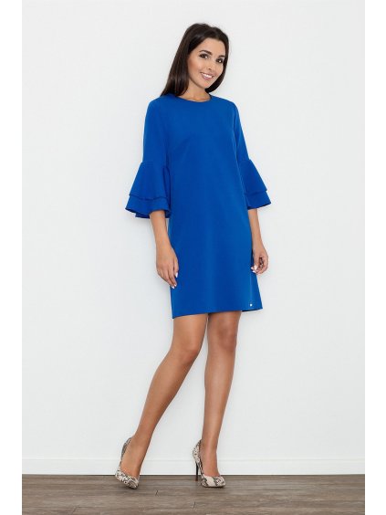 (Vel. XL) Modré volné šaty se zdobenými rukávy