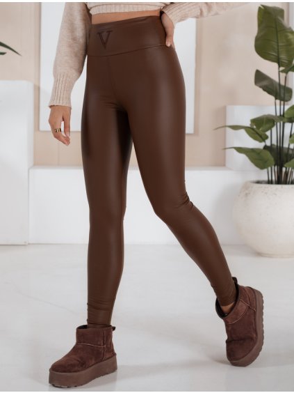 Tmavě hnědé koženkové legíny s vysokým pasem VALENTIS