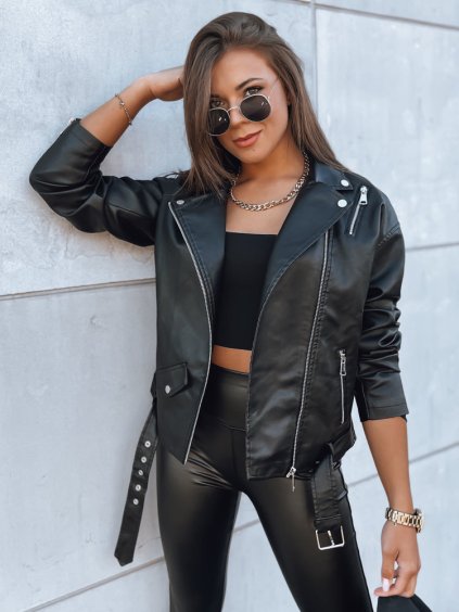 Černá koženková bunda s páskem VOGUE GLAM