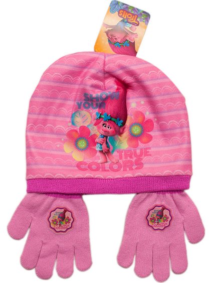 Růžový set čepice a rukavic Trolls