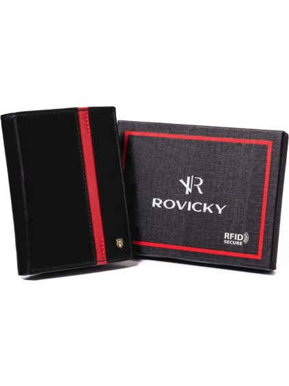 Rovicky Černá kožená peněženka bez zapínání s červeným pruhem L192