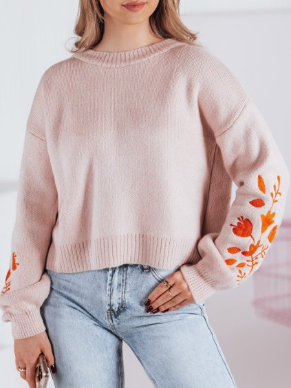 Růžový crop svetr s vyšíváním na rukávech LYRA