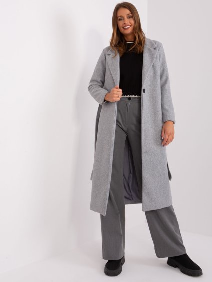 Šedý dlouhý kabát s páskem (Velikost S)
