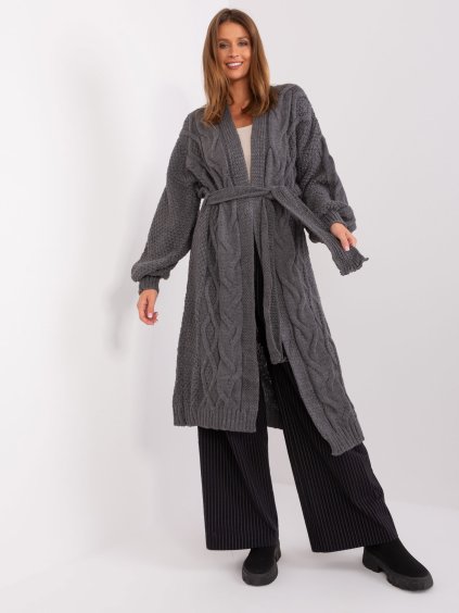 Tmavě šedý dlouhý kardigan s páskem