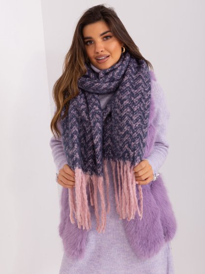 Tmavě modro-růžový vzorovaný šál s třásněmi (Velikost ONE SIZE)