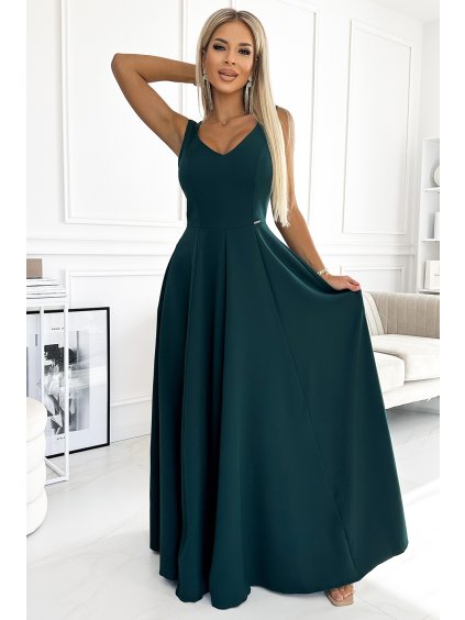 Dlouhé tmavě zelené šaty s hlubokým výstřihem LUNA (Velikost S)