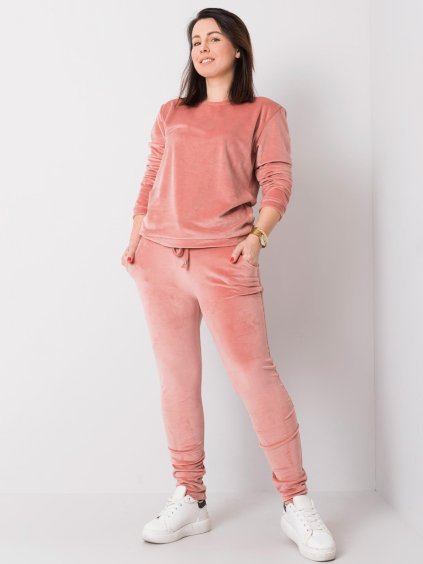 Růžová velurová tepláková souprava bez kapuce