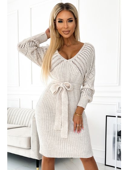 Béžové pletené šaty s páskem