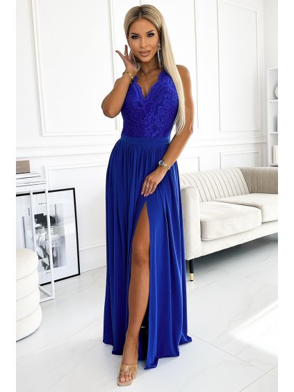 Modré maxi šaty s krajkovým topem LEA
