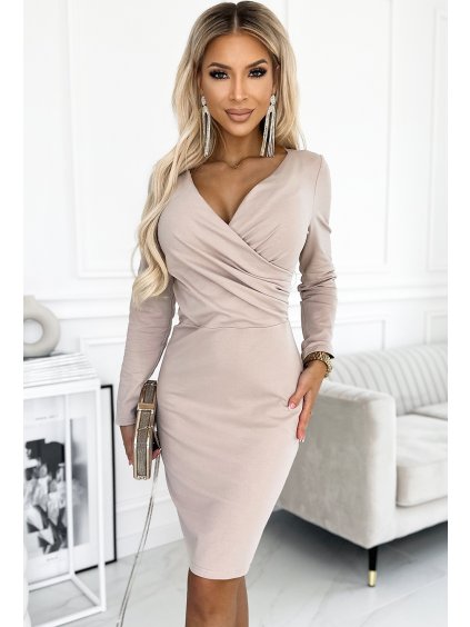 Elegantní béžové šaty s výstřihem a dlouhými rukávy ELLE