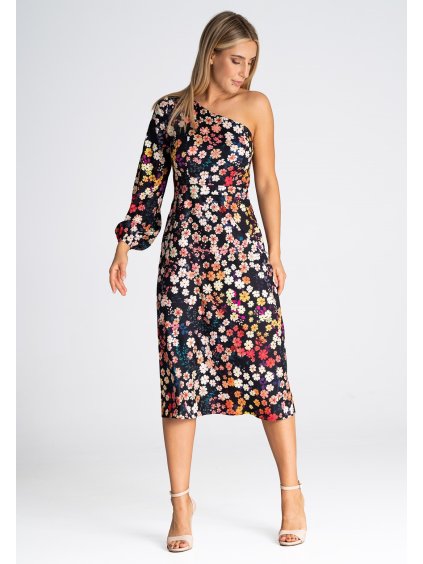 Květované midi šaty s jedním rukávem