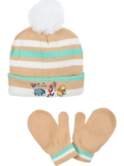 Winnie the Pooh béžovo-bílá pruhovaná čepice s rukavicemi