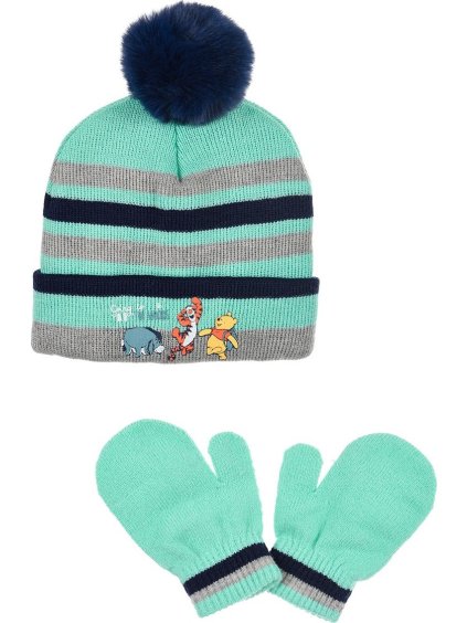 Winnie the Pooh mintovo-šedá pruhovaná čepice s rukavicemi